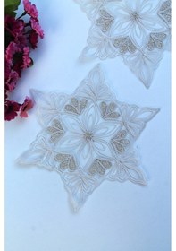 Resim 6 Adet Yıldız Motifli Krem Gold Simli Bardak Altlığı & Kokteyl Beyaz 