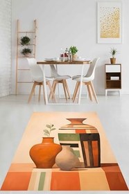 Resim Pelangi Etnik Bohem Vazo İskandinav Yapraklı Yıkanabilir Kaymaz Taban Leke Tutmaz Salon Halısı Yoluk, Yeşil-Turuncu-Siyah 120 x 180 