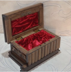 Resim mykhediyevesanatatölyesi Ceviz Bilmeceli Sandık Kadife Döşemeli Işlemeli Dekorasyon Ev Ve Ofis Hediyesi 