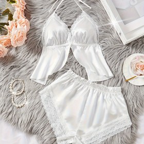 Resim Kadın Seksi Halter Yaka Pijama Takımı, Kontrast Dantel Detay, Kolsuz Düz Renk, Polyester %93 Elastan %7, İlkbahar/Yaz/Sonbahar Uyku Giysileri, Dokuma Kumaş, 95gsm - Beyaz 