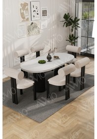 Resim Avvio Verona Bohem Ayak 6'lı Metal Pofi Demonte Sandalye 80x160 Masa Sandalye Takımı Beyaz Masa Sandalye Siyah Kumaş Krem 