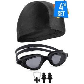 Resim 4lü Set Swimmer Pro Buğu Yapmaz Havuz Deniz Yüzücü Gözlüğü Boneli Tıkaçlı Uv Korumalı Yüzme Gri - Siyah 