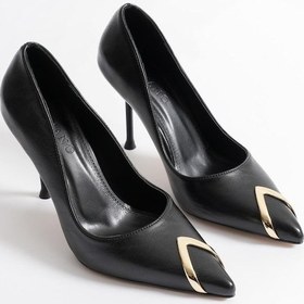 Resim Nivora Kadın Siyah Deri Gold Aksesuarlı Sivri Burun Yüksek İnce Topuklu Ayakkabı Stiletto 9.5cm Siyah 