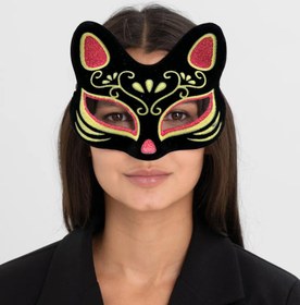 Resim NessiWorld Siyah Renk Süet Kaplama Üzeri Kırmızı Sarı Simli Kedi Maskesi 17x14 cm 