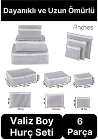 Resim 6'lı Valiz Bavul Düzenleyici Seyahat Çantası Organizer Hurç Set Fermuarlı Gri Çizgi Fileli Gri 