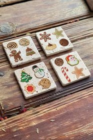 Resim Oscar Stone Decor Yeni Yıl/Yılbaşı Baskılı Doğal Taş Bardak Altlığı 4'Lü Set Yba-013 