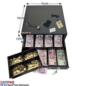 Resim Saypos 6 Banknot Gözlü Kolay Açma Buton ve Adaptörlü Anahtardan Açılır Para Çekmecesi 41x41x11 CM 