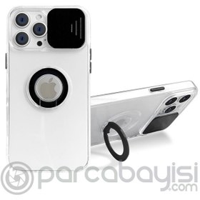 Resim Ally iPhone 13 Pro 6.1 inç Kılıf Sürgülü Kamera Lens Korumalı Yüzük Standlı Silikon Kılıf 