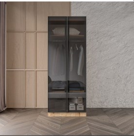 Resim Ülgen 2 Kapaklı Giyinme Dolabı Tamamı Mdf Led Askı Borusulu Füme Camlı Safir Meşe 