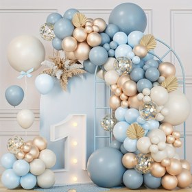 Resim 141 parça mavi, beyaz ve metal altın balon kemer seti, doğum günü partileri, düğünler, temalı partiler, oda dekorasyon aksesuarları, parti süslemeleri, vaftiz törenleri, Sevgililer Günü, yıl dönümleri, mezuniyet törenleri, bekarlar partisi 