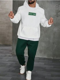 Resim New York Eşofman Takımı Sweatshirt Jogger - Beyaz Nefti Yeşil Baskılı Oversize Şardonlu Kapüşonlu Beyaz Nefti Yeşil 