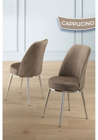 Resim Canisa Lena Serisi 90x160 Lak Panel Beyaz Mermer Desen Krom Ayaklı Masa Takımı Ve 6 Cappucino Sandalye Beyaz Mermer Desen Masa Sandalyeler Cappucino 