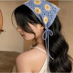 Resim Örgü Üçgen Bandana Mavi Saç Bandı Kadın Genç Kız Çocuk Yazlık Bohem Vintage Kore Tarzı Ayçiçek 
