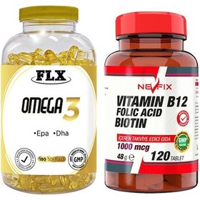 Resim Flx Omega 3 Balık Yağı 180 Softgel & Nevfix Vitamin B12 1000 Mcg 