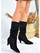 Resim Fox Shoes Siyah Süet Kısa Topuklu Büzgülü Kadın Bot L404810602 