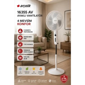 Resim Arçelik 5 Kanatlı Ayaklı Vantilatör 50 W 3 Kademeli Otomatik Mod ve Zamanlayıcı Ayarlı 
