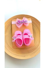 Resim VaVbaby Barbie Pink - Pembe Kız Bebek Bandana Ve Ayakkabı 0-6 Ay Şirin Sevimli Rahat Yumuşak Taban 