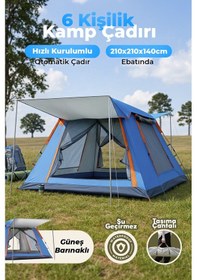 Resim Auhma Outdoor Ac6636 6 Kişilik Otomatik Kamp Çadırı Mavi 210x210x140 Cm Su Geçirmez Oxford Kumaş 