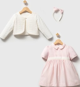 Resim MixMax Bebe Kız Bebek&Çocuk Kapitoneli Bolero-Kısa Kollu Elbise-Taç 3'lü Bayramlık Elbise %100 Pamuklu 