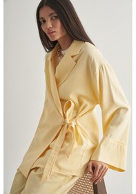 Resim Mizalle Keten Karışımlı Anvelop Bağlı Sarı Kimono Ceket Sari 