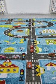 Resim MKYHOME 3 Boyutlu Mavi Trafik Arabalı Çocuk Oyun Halısı 