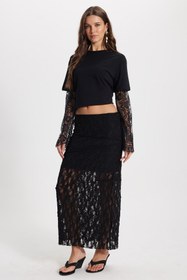 Resim Tudors Kadın Slim Fit Dar Kesim Lastikli Yüksek Bel Dantelli Siyah Etek 
