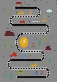 Resim Pelangi Doğa ve Hayvan Desenli Trafik Yollu Dijital Baskılı Yıkanabilir Kaymaz Taban Çocuk Halısı, Koyu Gri 60 x 200 