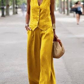 Resim Kadınlar için Yazlık Rahat Sokak Modası 2 Parça Set - Düğme Detaylı ve Geniş Bacaklı Pantolonlu, Canlı Sarı Polyester Karışımı, Bahar/Yaz için Mükemmel, Rahat Kıyafet|Canlı Sarı Kıyafet|Polyester Karışımı 