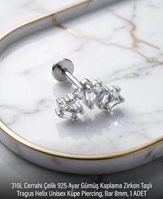 Resim 316L Cerrahi Çelik Gümüş Kaplama Tragus Helix Küpe Piercing Kararmaz Alerji Yapmaz Zirkon Taşlı Küpe Bar 8 mm Unisex Tekli Kadın Erkek Uyumlu Cartilage Kıkırdak Piercing 