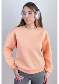 Resim Kadın Cozy İçi Polarlı Somon Basic Bisiklet Yaka Pamuklu Kalın Örme Sweatshirt Somon 