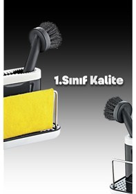 Resim Grimorlife Fırçalı Telli Mutfak Seti Siyah- Standlı Plastik Mutfak Lifli Sünger Hediyeli Siyah 