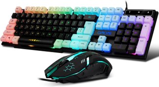 Resim CHONCHOW Oyun Klavyesi ve Fare Kombinasyonu, USB Kablolu 104 Tuşlu Tam Boy Işıklı Klavye Mikrofonu 3600DPI Gökkuşağı Arkadan Aydınlatmalı Mekanik Duygu PC Xbox Mac OS Oyun ve Çalışma ile Uyumlu 