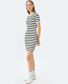 Resim Koton Mini Bisiklet Yaka Kısa Kollu Fitilli Slim Fit Elbise Ekru Çizgili 5sal80021ık Ekru 