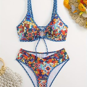 Resim Çiçek Desenli 2 Parça Bikini, Şık ve Seksi Askılı Mayo, Kadın Giyim ve Yüzme Kıyafeti 