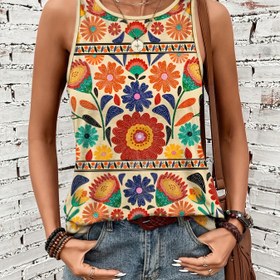 Resim Kadınlar için Çiçek Desenli Kolsuz Tank Top - Canlı Renklerle Şık Yuvarlak Yaka Yazlık Üst, Makinede Yıkanabilir & Nefes Alabilir Günlük Kullanım, Randevular, Tatiller, Bayan Tank Tops, Sıcak Hava Giyimi, Kadın Tarzı, Kolay Bakım, Gece Buluşması Kıyafeti, Rahat Malzeme, Tatil Gardıropu 