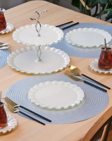 Resim Glore Solid Krem Wavy Platin Yaldızlı 6 Kişilik 26 Parça Pasta Takımı 