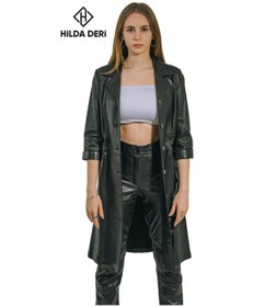 Resim Hilda Deri Yarım Kollu Siyah Hakiki Deri Düğmeli Elbise Trençkot Diana 001 