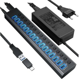 Resim Storemax Profesyonel USB Hub 16 Portlu USB 3.0 Type-C 5gbps Hızlı Şarj Bireysel Açma Kapama Anahtarları 12V Dc 7.5A Güç Adaptörü Telefon Şarj Dizüstü Bilgisayar Mobil HDD Sürücü PORT16 