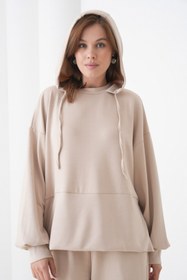 Resim MAMAYAGA Kadın Oversize Kapüşonlu Sweatshirt Pileli Tasarım Pantolonlu Tesettüre Uygun Eşofman Takımı 