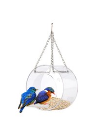 Resim Vantuzlu Asılı Zincirli Ve Ayaklı Direkli Şeffaf Pencereli Kuş Besleyici Yakın Çekim İçin Şeffaf Yuvarlak Dış Mekan Dış Mekan Yabani Kuşlar 