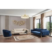 Resim Mododizayn Eylül Koltuk Takımı - 3 3 1 1 Ekru Ve Mavi Kanepe Mavi Papatya Berjer 