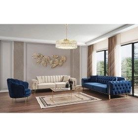 Resim Mododizayn Eylül Koltuk Takımı - 3 3 1 1 Ekru Ve Mavi Kanepe Mavi Papatya Berjer 