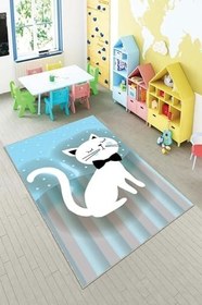 Resim Pelangi Mavi Kedi Desenli Yıkanabilir Kaymaz Taban Leke Tutmazbebek Ve Çocuk Odası Halısı, Gri-Mavi 80 x 150, 90135702380150 