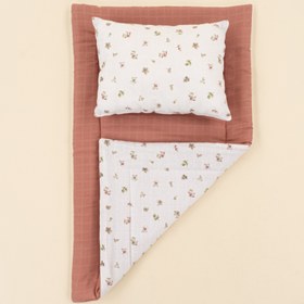 Resim Alt Açma Matı ve Yastık - Çift Taraflı - Gül Kurusu Muslin - Çiçekler 