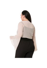 Resim Disentis Büyük Beden İspanyol Kollu Önü Bağlamalı Şifon Bej Rengi Bolero-bej Bej 