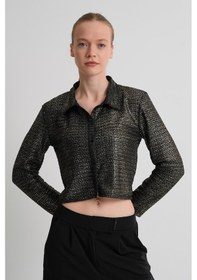 Resim Alexandergardı Desenli Uzun Kollu Dokulu Crop Gömlek Sarı - Siyah 
