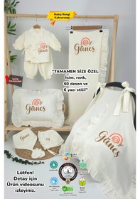Resim Gros Shop Müslin Yeni Doğan 4katlı Organik %100pamuk Kişiye Özgü Nakışlı Hastane Çıkış Seti Gökkuşağı Model-3 Ekru-1 