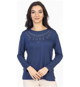 Resim Yeni Model Taş İşlemeli Yuvarlak Yaka Likralı Anne Penye Bluz 6420-indigo İndigo 