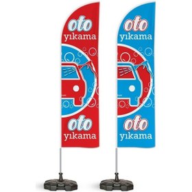 Resim Oto Yıkama V2 Temalı Yelken Bayrak Takımı Mavi Kırmızı 2 Adet 