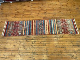 Resim Handmade Wool Runner – Geometric Stripes Hallway Rug 2x7ft 